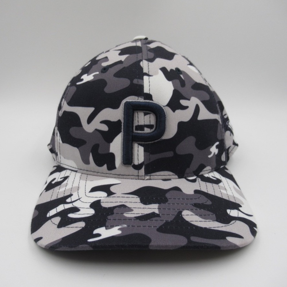 Puma Golf Hat Mens OSFA Gray Camo Flexfit 110 Snapback P Logo Cap